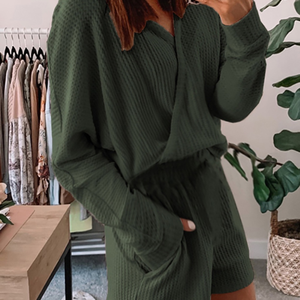 Waffle Knit Thermal Hoodie Short Set Forest Green - Picture 3 of 9
